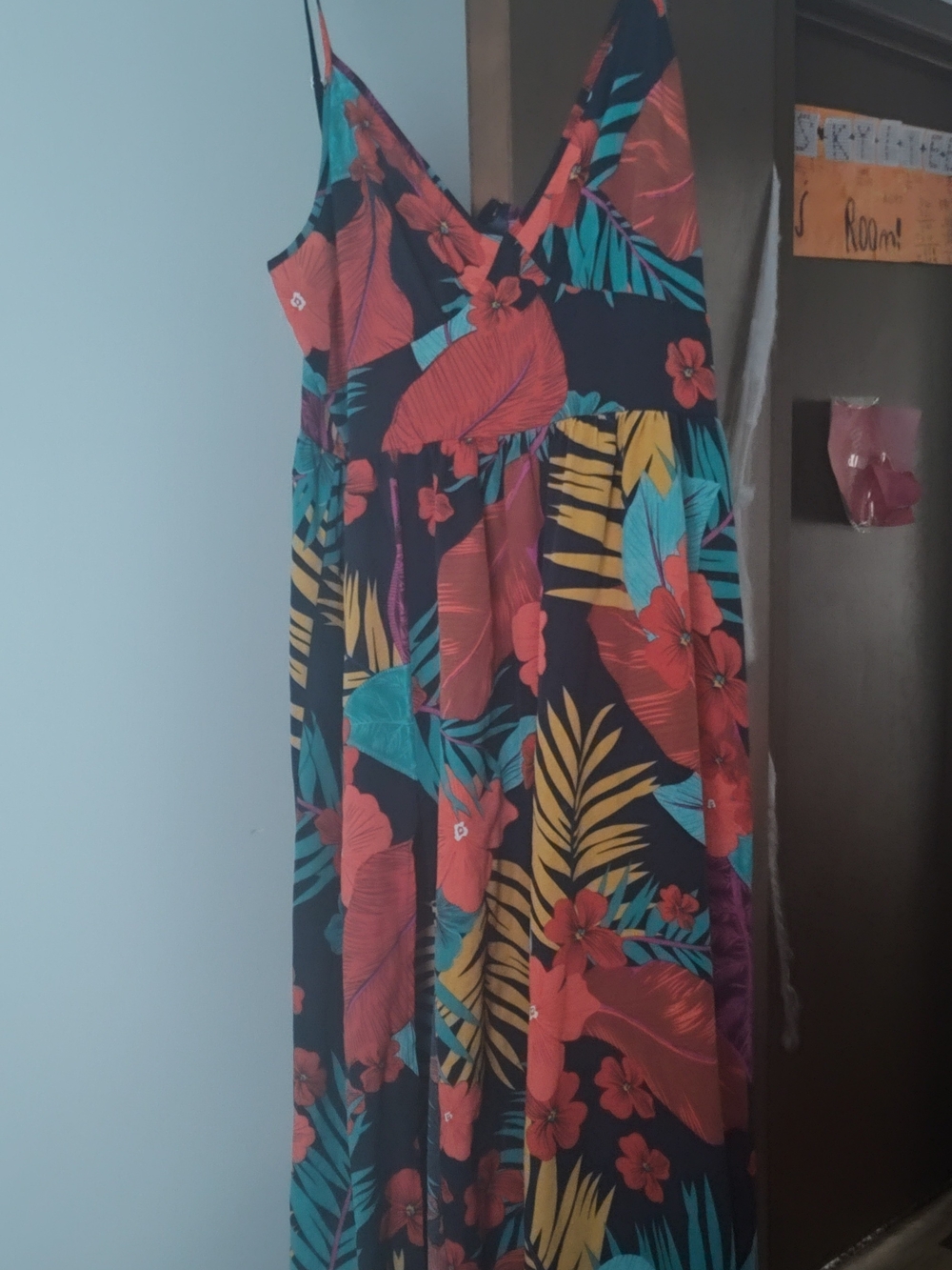 Floral Tropical V-Neck Maxi Dress in Black with Coral & Teal